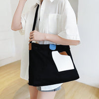Penelope | Women's Color Block Canvas Tote Bag PU Leather Pocket Black