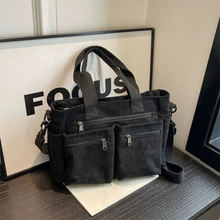 Amelia | Women's Corduroy Multi-Pocket Convertible Tote Bag Black
