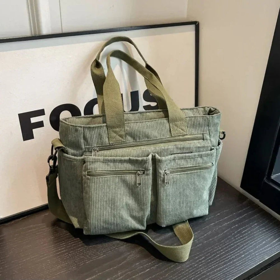 Amelia | Women's Corduroy Multi-Pocket Convertible Tote Bag Green