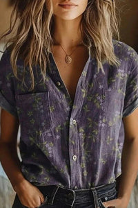 Eleanor | Women's Cotton Floral Button Down Blouse Short Sleeve S