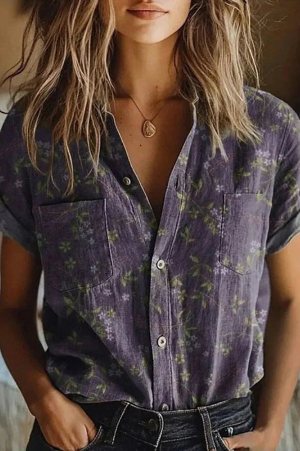 Eleanor | Women's Cotton Floral Button Down Blouse Short Sleeve S