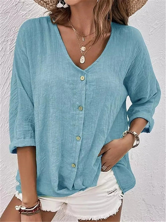 Grace | Women's Cotton V-Neck Button-Front Top Three-Quarter Sleeve Light Blue