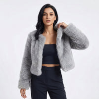 Mia | Women's Cropped Faux Fur Cardigan Jacket Grey