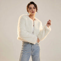 Mia | Women's Cropped Faux Fur Cardigan Jacket White