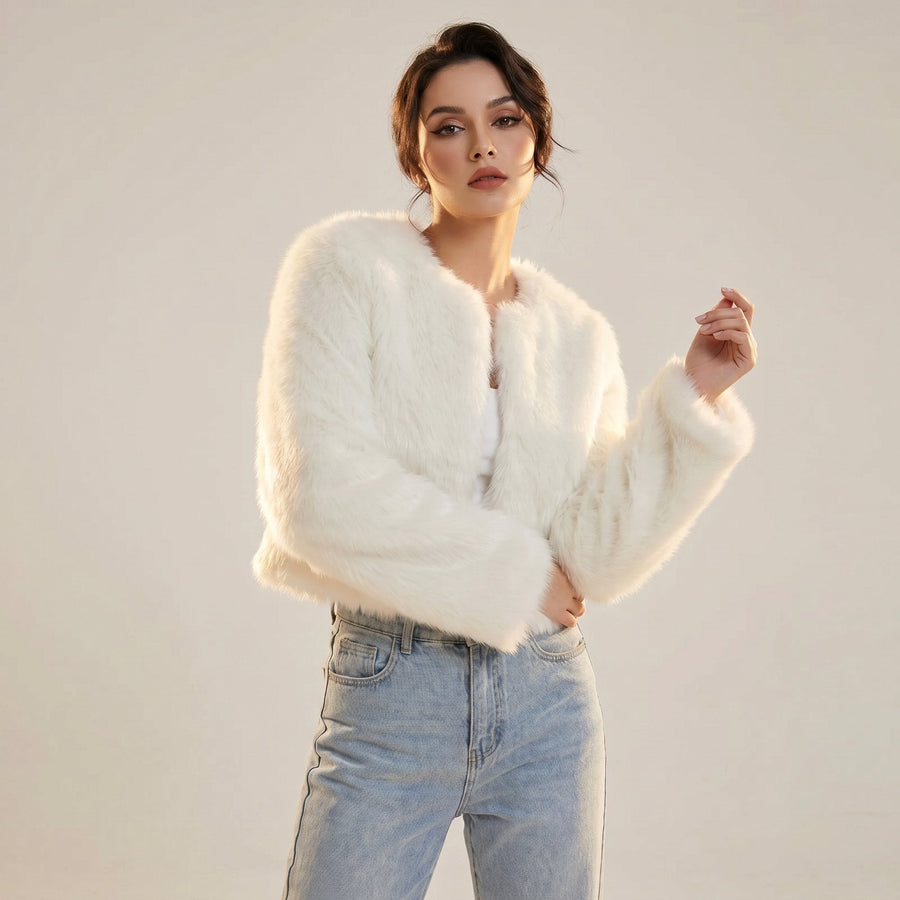 Mia | Women's Cropped Faux Fur Cardigan Jacket White
