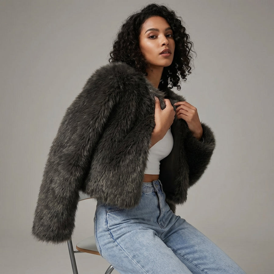 Mia | Women's Cropped Faux Fur Cardigan Jacket Black