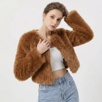Mia | Women's Cropped Faux Fur Cardigan Jacket Dark Curry