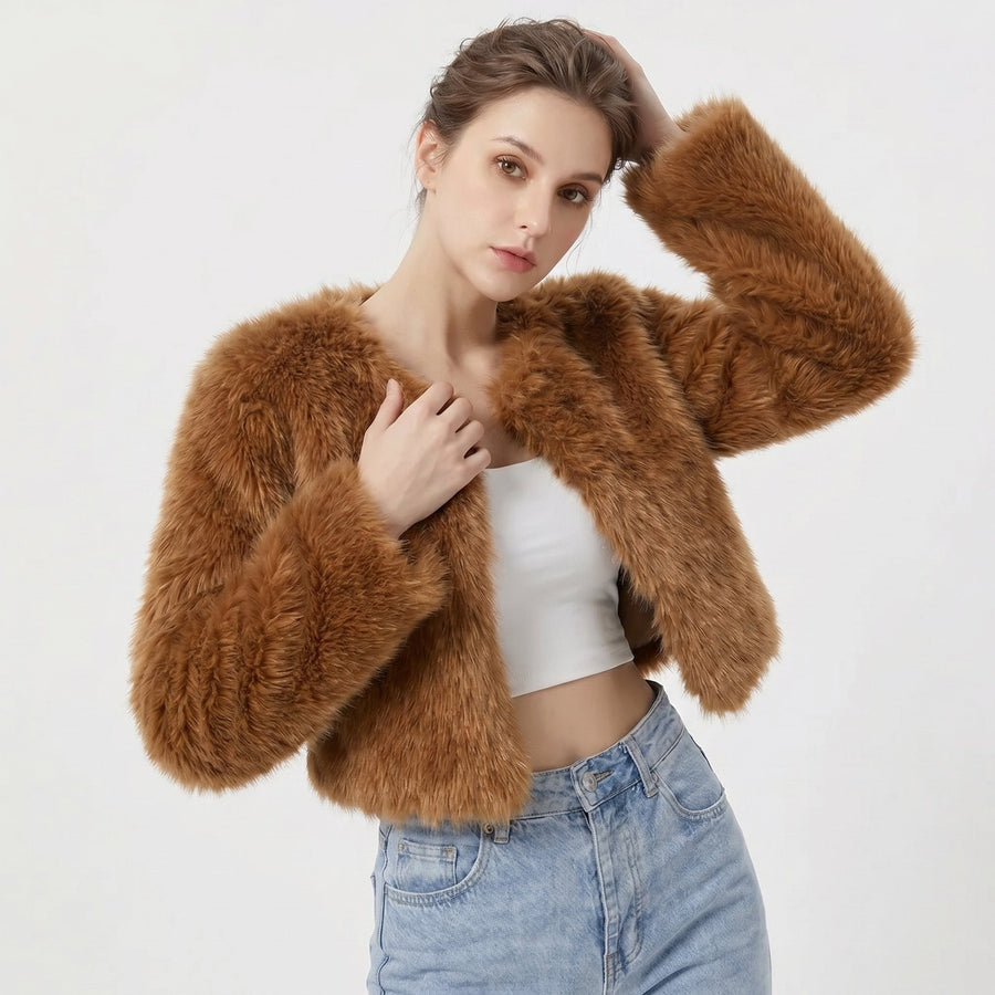 Mia | Women's Cropped Faux Fur Cardigan Jacket Dark Curry
