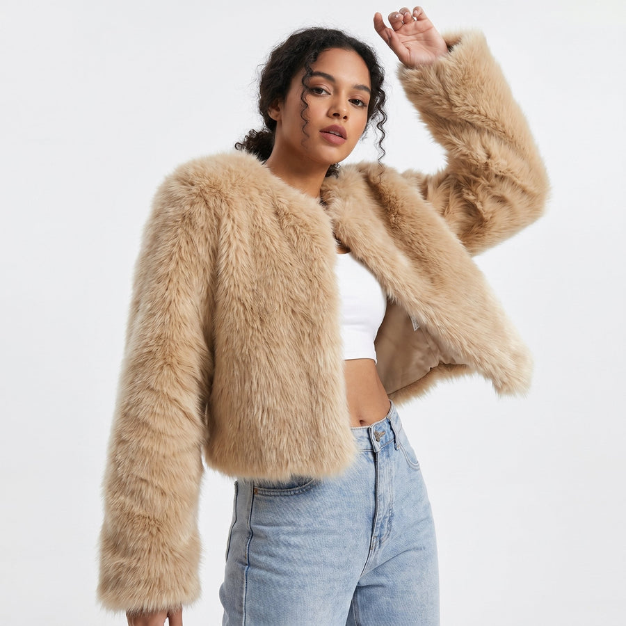 Mia | Women's Cropped Faux Fur Cardigan Jacket Pale Curry