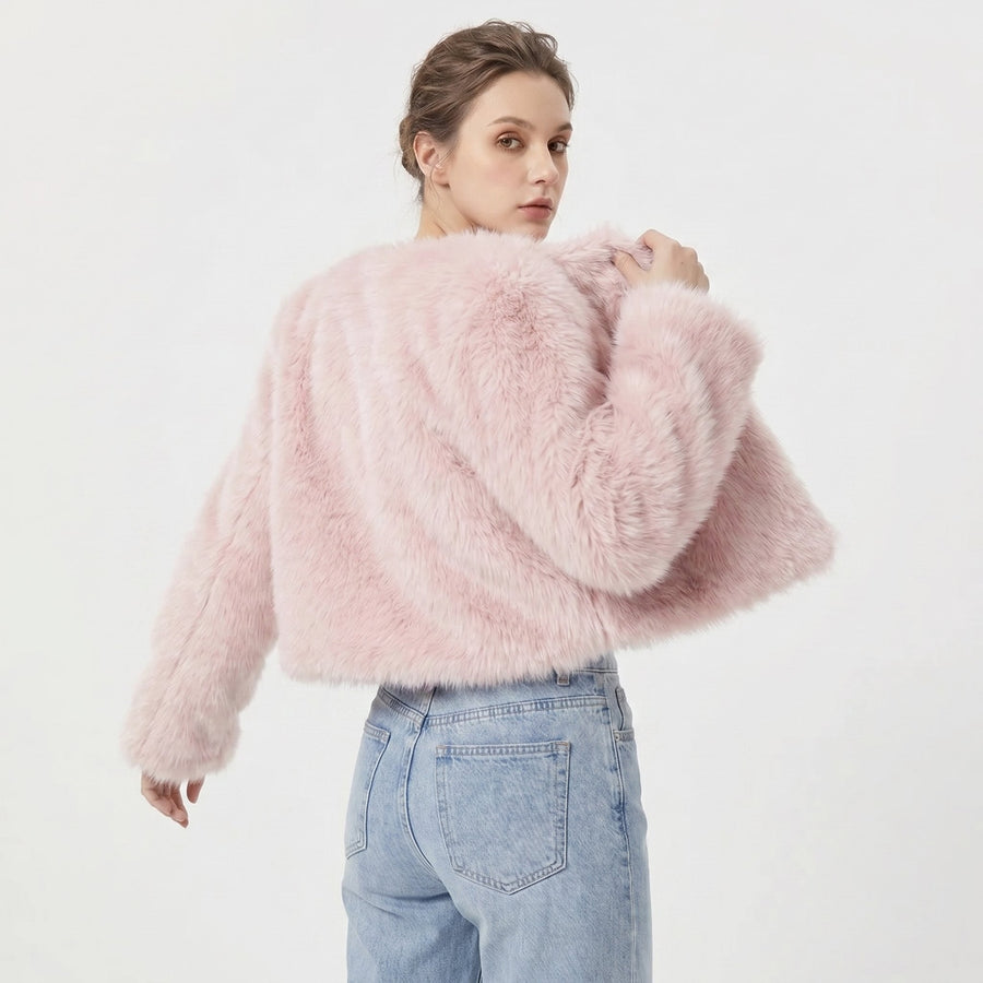 Mia | Women's Cropped Faux Fur Cardigan Jacket Pink