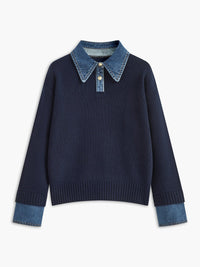 Mia | Women's Denim-Collar Knit Polo Sweater Navy