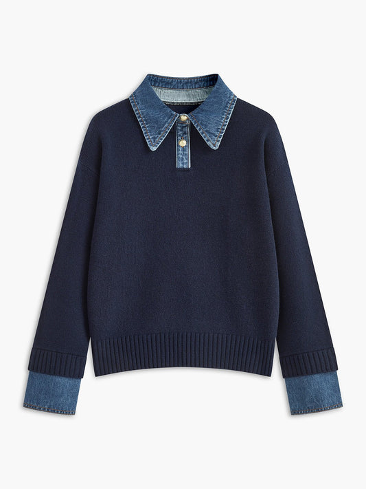 Mia | Women's Denim-Collar Knit Polo Sweater Navy