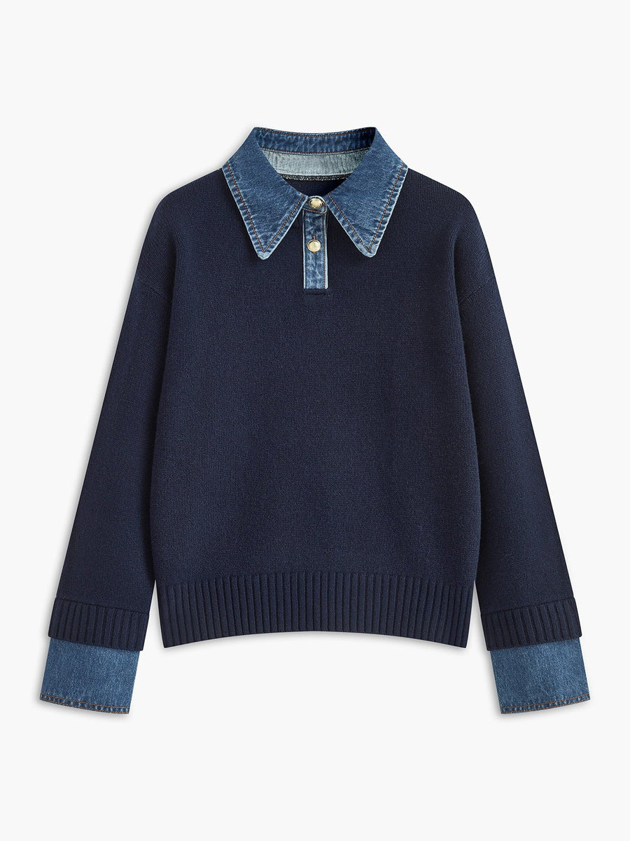 Mia | Women's Denim-Collar Knit Polo Sweater Navy