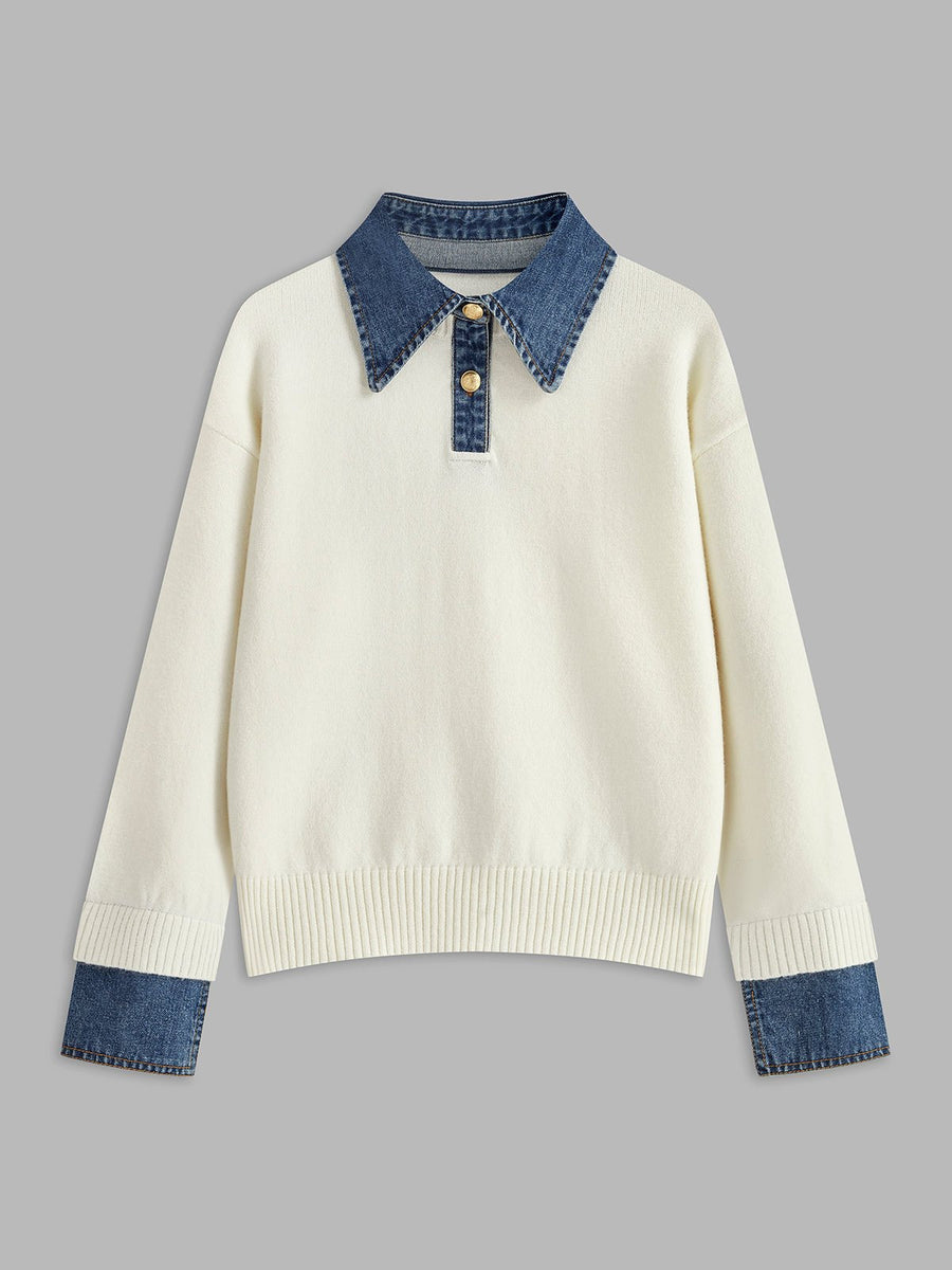Mia | Women's Denim-Collar Knit Polo Sweater White