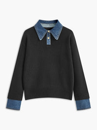 Mia | Women's Denim-Collar Knit Polo Sweater Black