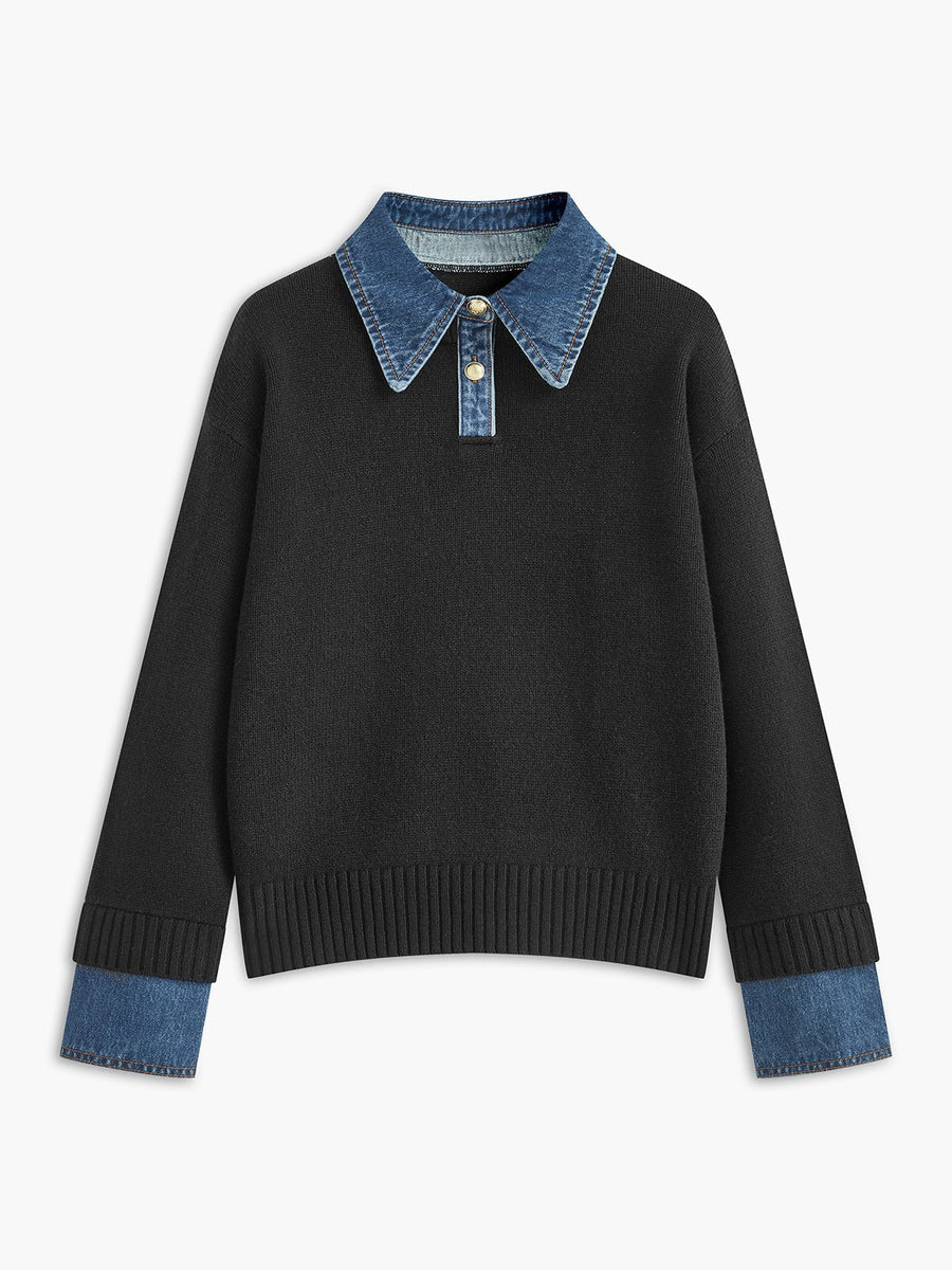 Mia | Women's Denim-Collar Knit Polo Sweater Black