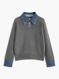 Mia | Women's Denim-Collar Knit Polo Sweater Light Grey