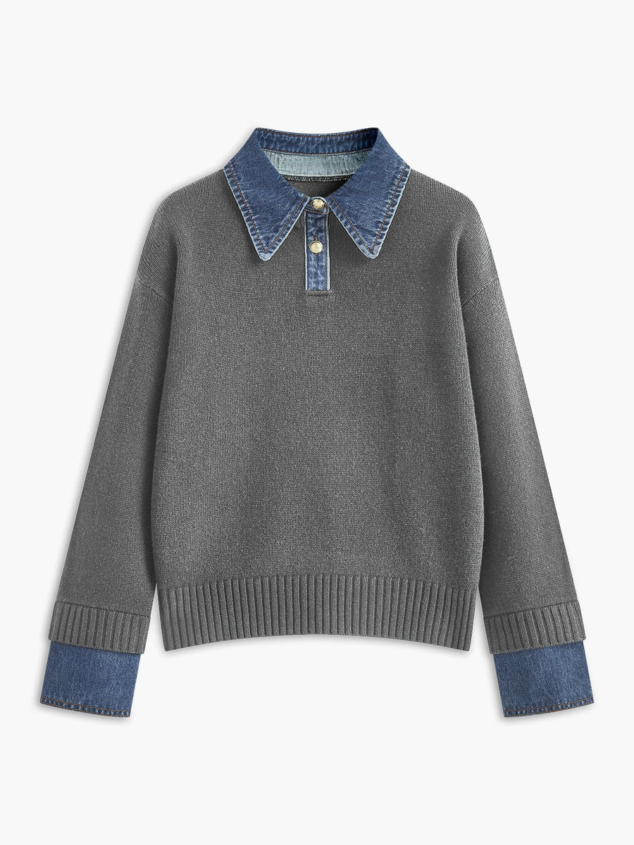 Mia | Women's Denim-Collar Knit Polo Sweater Light Grey