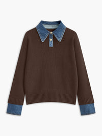 Mia | Women's Denim-Collar Knit Polo Sweater Brown