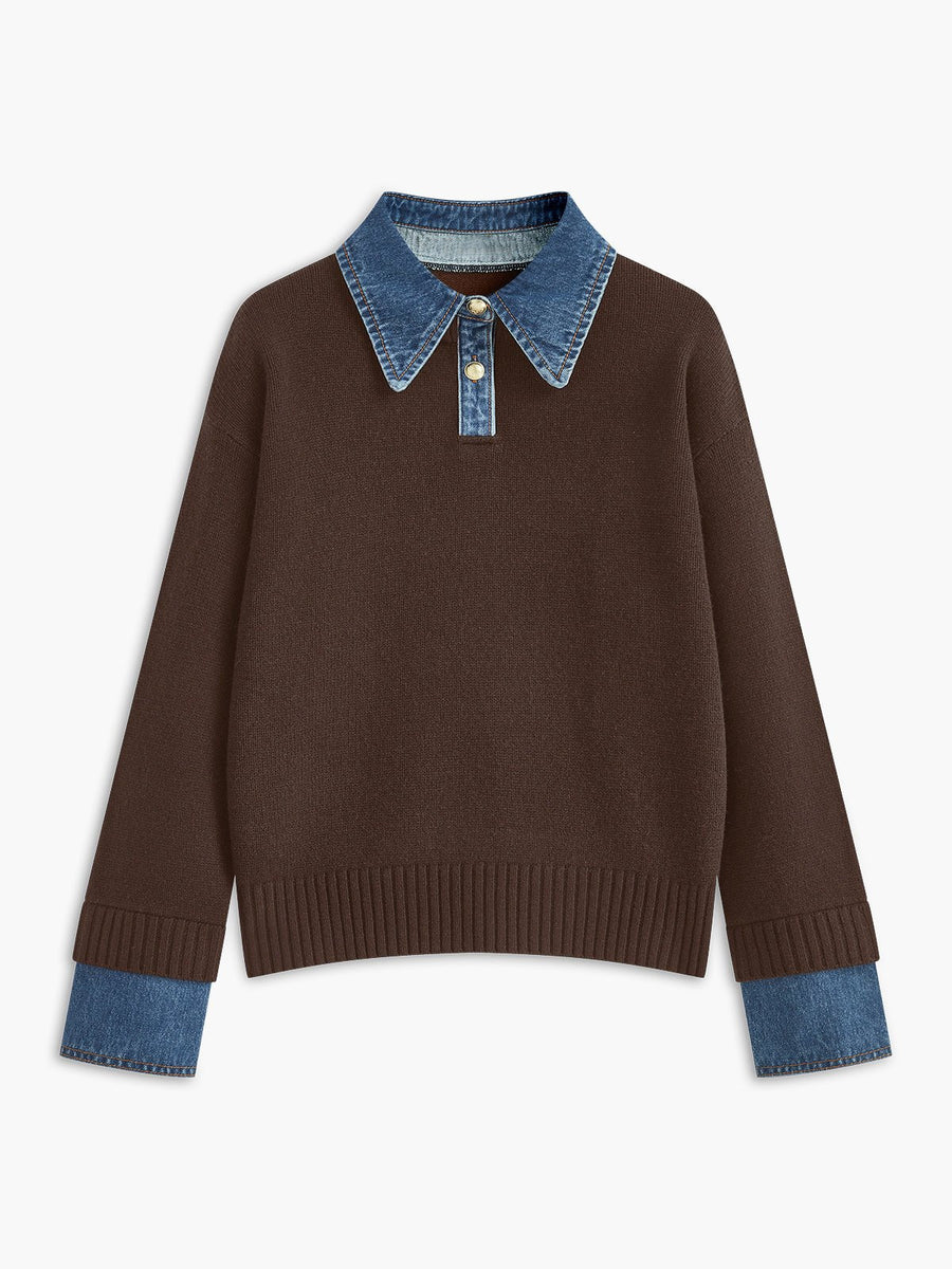 Mia | Women's Denim-Collar Knit Polo Sweater Brown