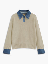 Mia | Women's Denim-Collar Knit Polo Sweater Apricot
