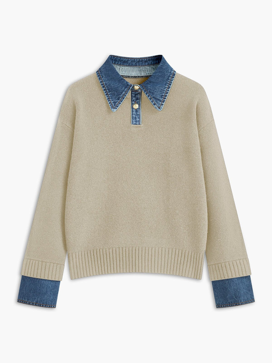 Mia | Women's Denim-Collar Knit Polo Sweater Apricot