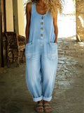 Penelope | Women's Denim Overalls Sleeveless Loose Fit Button Front