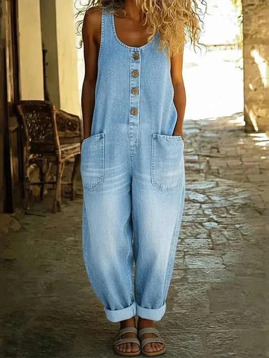 Penelope | Women's Denim Overalls Sleeveless Loose Fit Button Front Light Blue