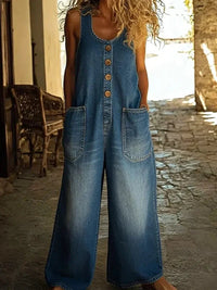 Penelope | Women's Denim Overalls Sleeveless Loose Fit Button Front Blue