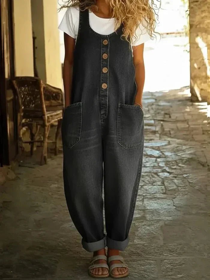 Penelope | Women's Denim Overalls Sleeveless Loose Fit Button Front Black