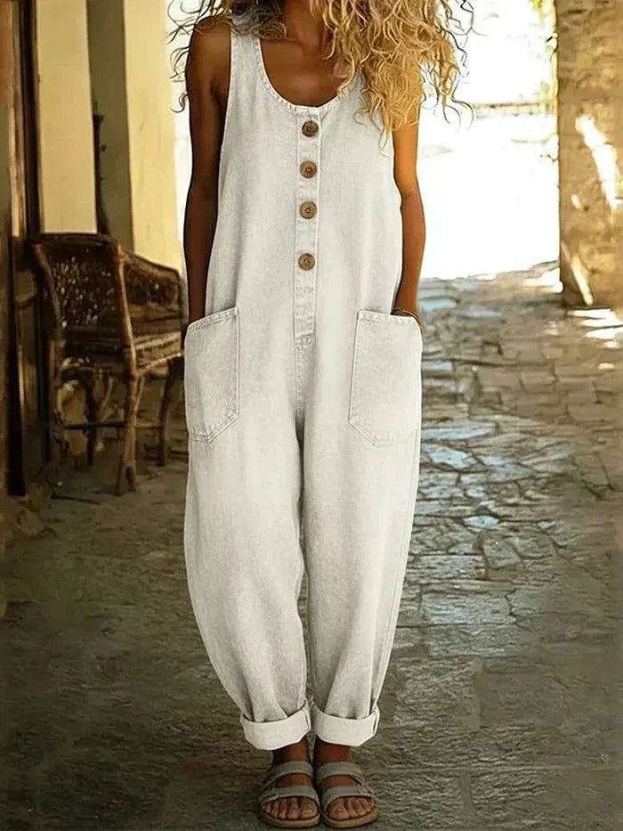 Penelope | Women's Denim Overalls Sleeveless Loose Fit Button Front White