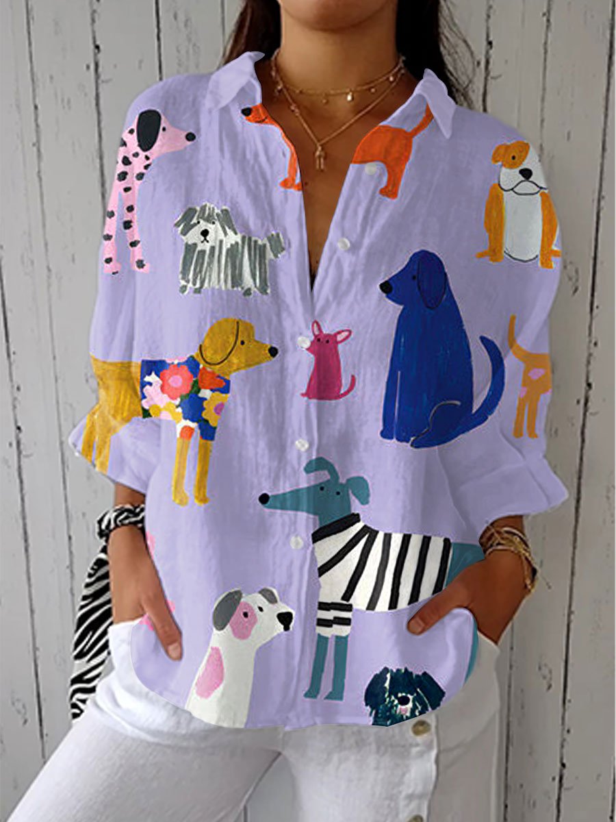 Layla | Women's Dog Print Button-Front Blouse Long Sleeve Multicolor