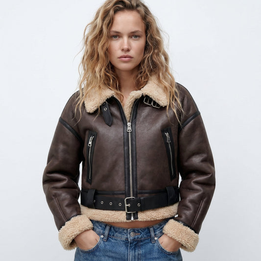 Isabella | Women's Double-Sided Shearling Bomber Jacket Brown