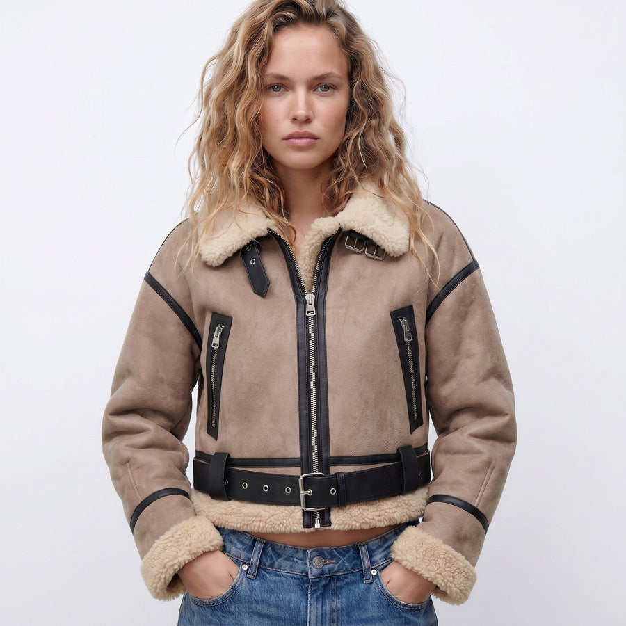 Isabella | Women's Double-Sided Shearling Bomber Jacket Khaki