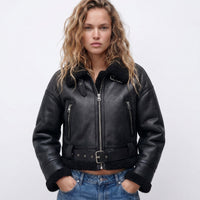 Isabella | Women's Double-Sided Shearling Bomber Jacket Black