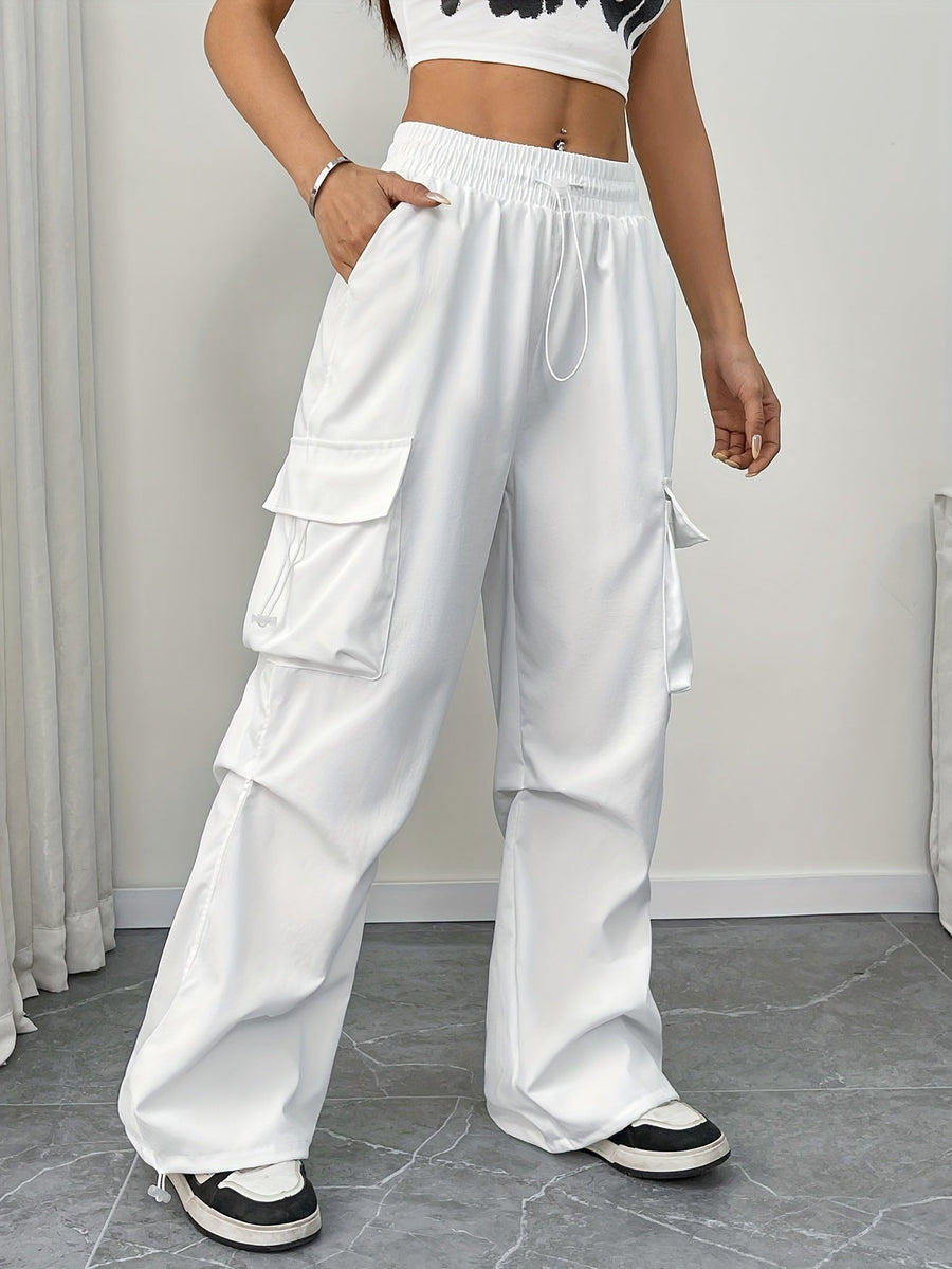 Chloe | Women's Wide Leg Cargo Pocket Drawstring Pants White