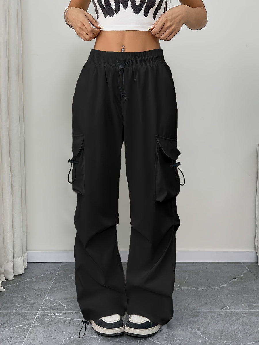 Chloe | Women's Wide Leg Cargo Pocket Drawstring Pants Black