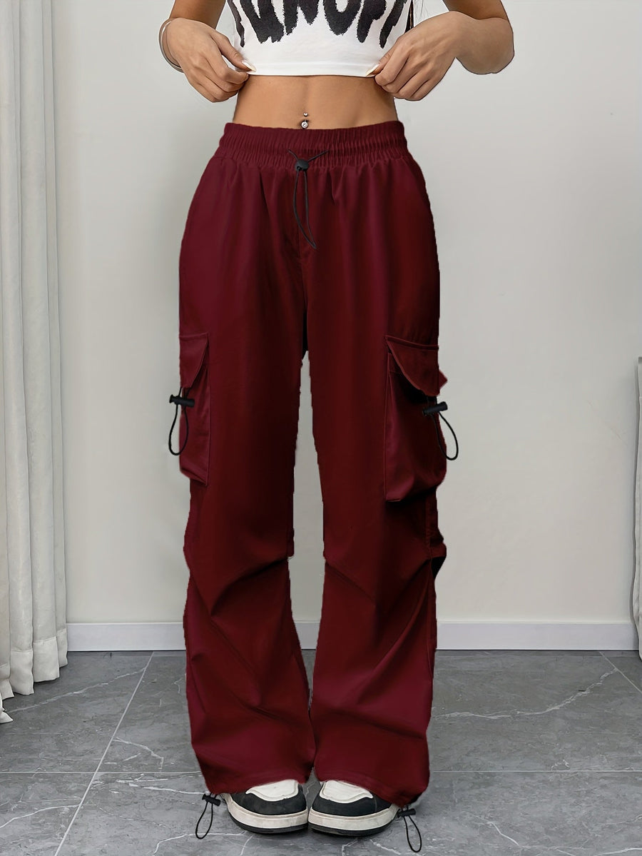 Chloe | Women's Wide Leg Cargo Pocket Drawstring Pants Burgundy