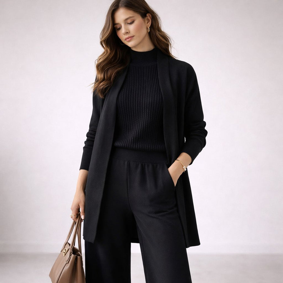 Emma | Women's Elegant Three-Piece Knit Lounge Set Evening Gown Black