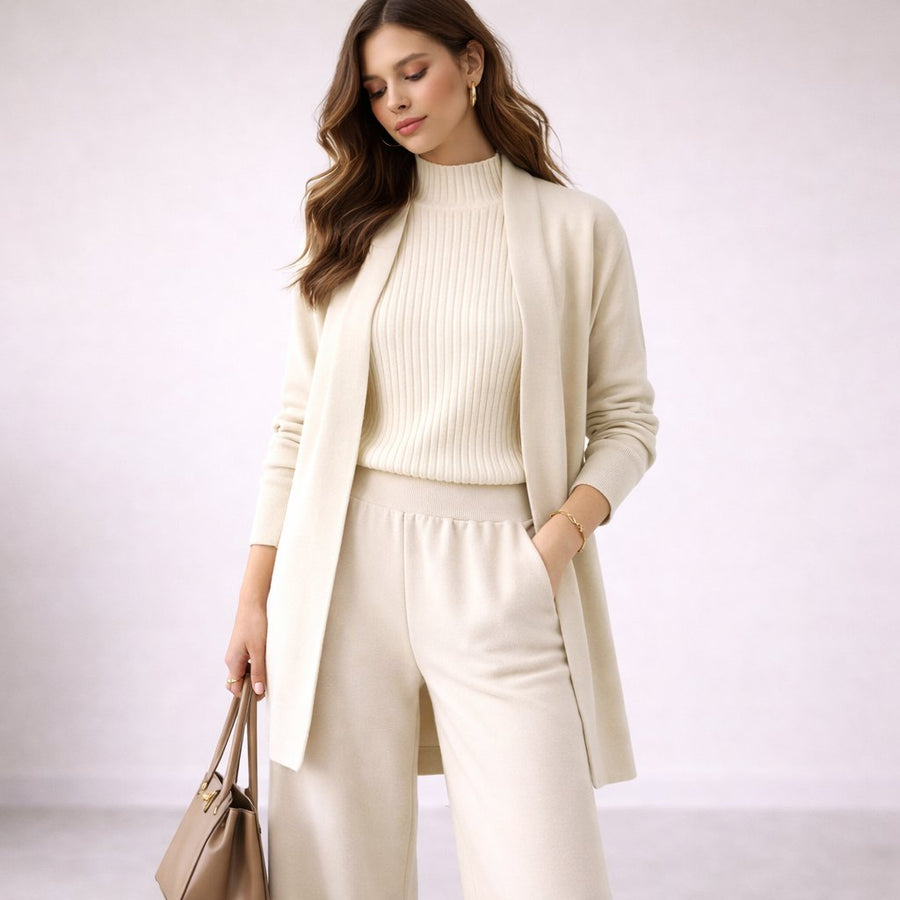 Emma | Women's Elegant Three-Piece Knit Lounge Set Evening Gown White