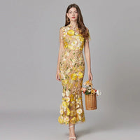 Scarlett | Women's Floral Applique Sleeveless Maxi Dress Yellow