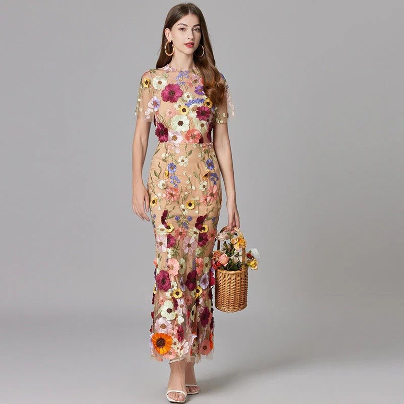 Scarlett | Women's Floral Applique Sleeveless Maxi Dress Beige