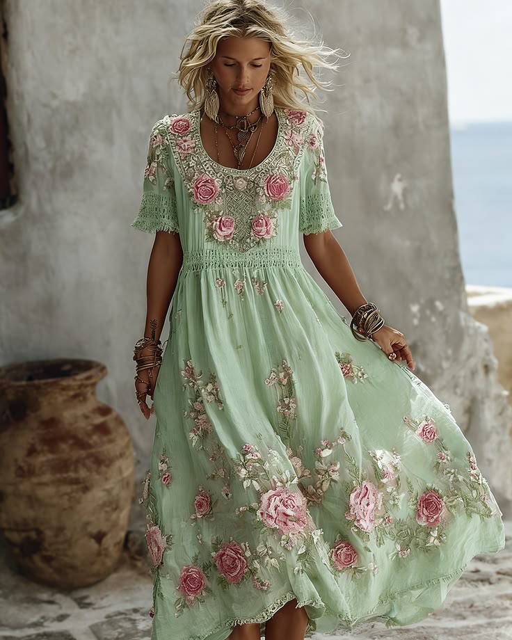 Women's Floral Art Print Flowy Linen Blend Casual Short Sleeve Maxi