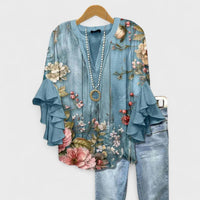 Penelope | Women's Floral Blouse Ruffle Sleeves V-Neck Casual Blue Floral