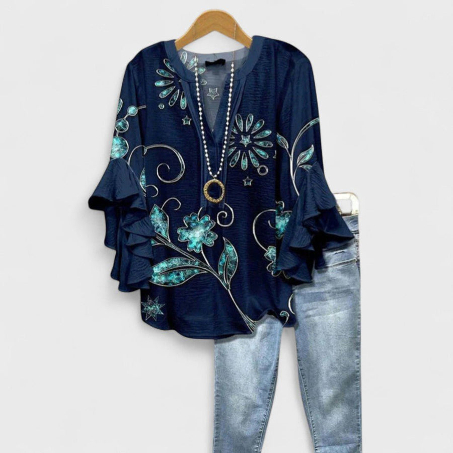 Penelope | Women's Floral Blouse Ruffle Sleeves V-Neck Casual Dark Blue