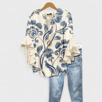 Penelope | Women's Floral Blouse Ruffle Sleeves V-Neck Casual White Blue