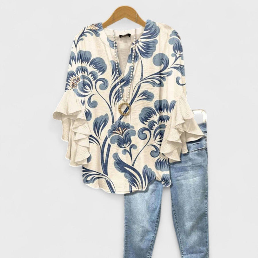 Penelope | Women's Floral Blouse Ruffle Sleeves V-Neck Casual White Blue