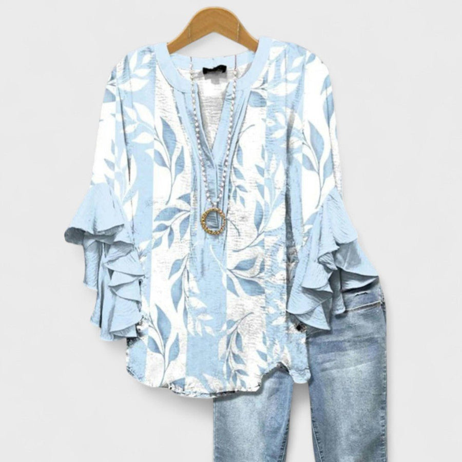Penelope | Women's Floral Blouse Ruffle Sleeves V-Neck Casual Light Blue