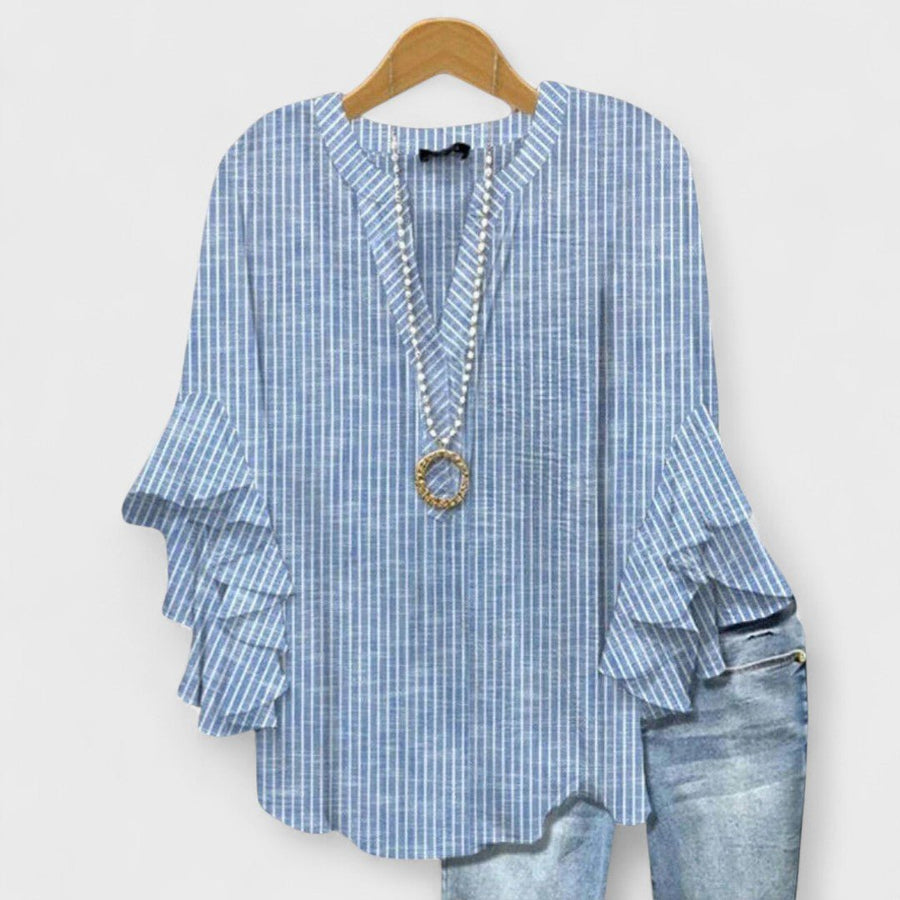 Penelope | Women's Floral Blouse Ruffle Sleeves V-Neck Casual Blue