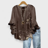 Penelope | Women's Floral Blouse Ruffle Sleeves V-Neck Casual Brown